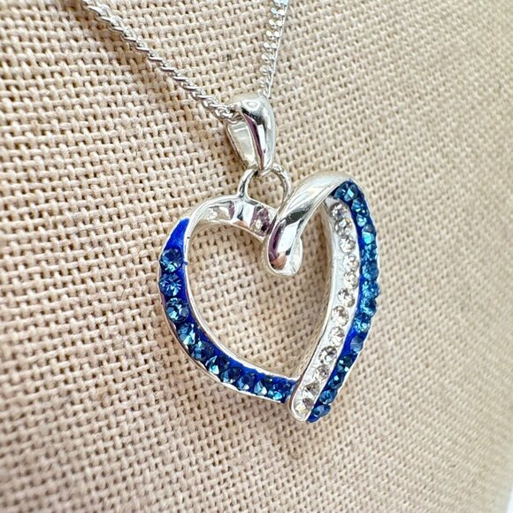 VTG Sterling Silver 925 Blue & White CZ Heart Pendant Necklace Size 20" Length - Picture 4 of 12